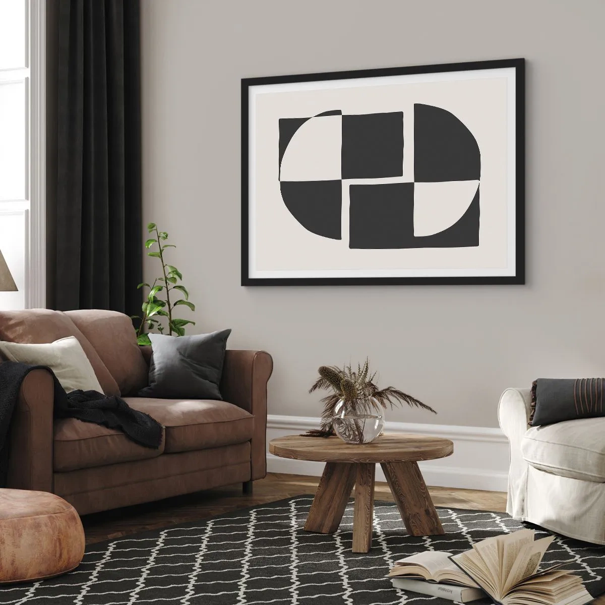 Plakat w czarnej ramie - Abstrakcyjne kształty geometryczne w czerni i bieli - 100x70cm - Antyteza – synteza - Nowoczesna dekoracja ścienna do salonu i sypialni ARTTOR