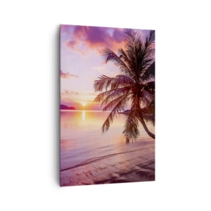 Obraz na płótnie - Tropikalna plaża z palmą o zachodzie słońca - 80x120cm - Błogość aż po horyzont - Nowoczesna dekoracja ścienna do salonu i sypialni ARTTOR