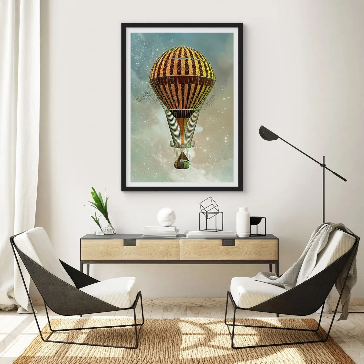 Plakat w czarnej ramie - Złoty balon unoszący się w kosmicznej przestrzeni - 50x70cm - Pionierskie loty - Nowoczesna dekoracja ścienna do salonu i sypialni ARTTOR