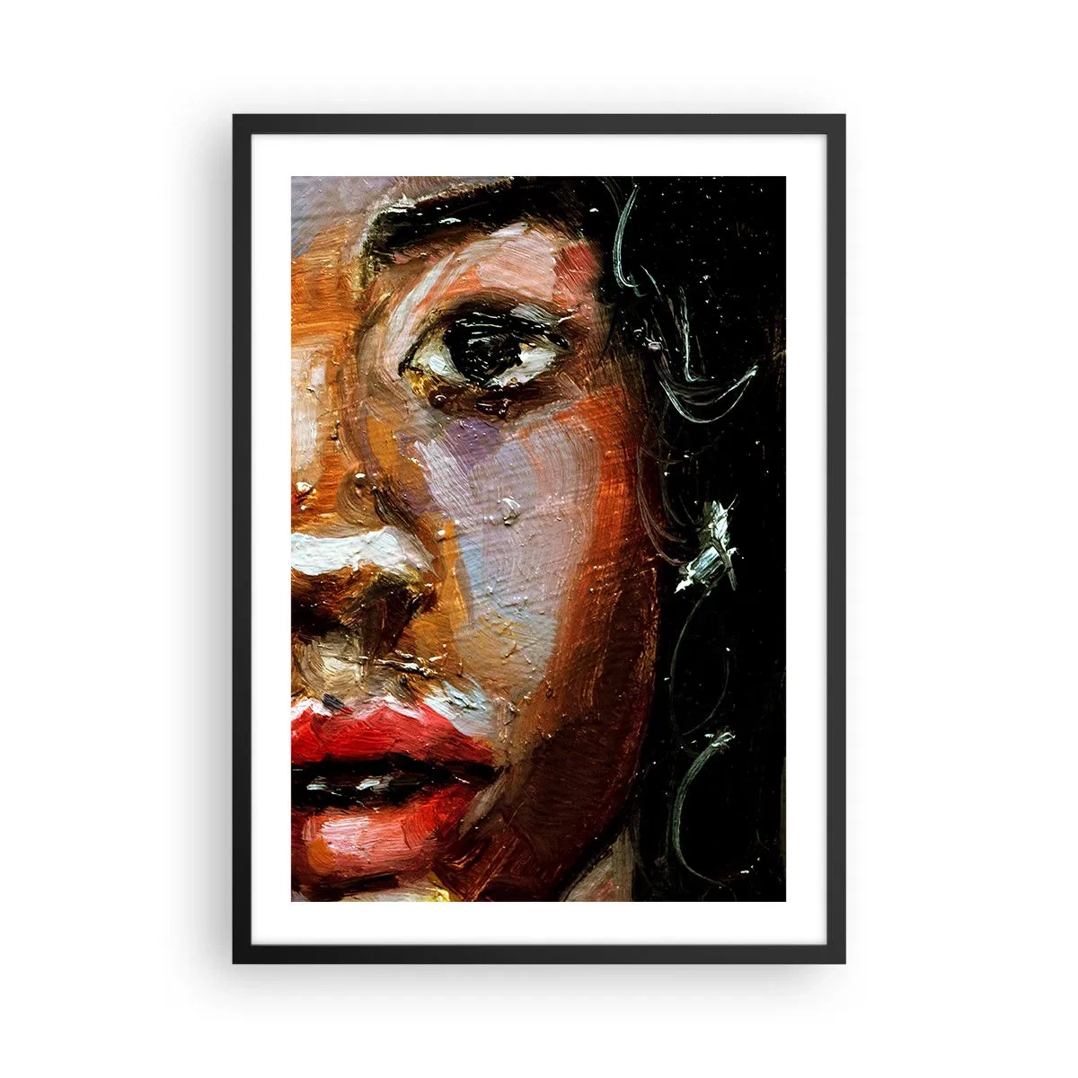 Plakat w czarnej ramie - Abstrakcyjny portret kobiety w intensywnych barwach z wyrazistym okiem - 50x70cm - Czerń i blask - Nowoczesna dekoracja ścienna do salonu i sypialni ARTTOR