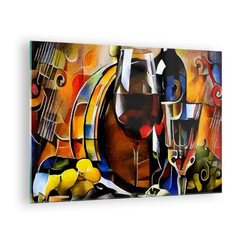 Obraz na szkle - Abstrakcyjna kompozycja z kieliszkami wina i instrumentami - 70x50cm - I świat nabiera barw - Nowoczesna dekoracja ścienna do salonu i sypialni ARTTOR