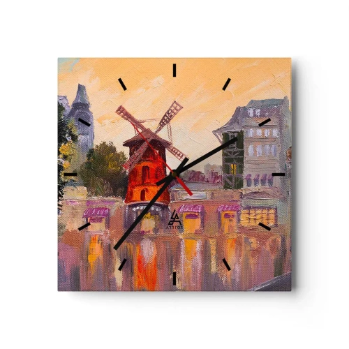 Zegar ścienny - Czerwony wiatrak Moulin Rouge otoczony miejskim pejzażem - 30x30cm - Paryskie ikony – Moulin Rouge - Nowoczesna dekoracja ścienna do salonu i sypialni ARTTOR