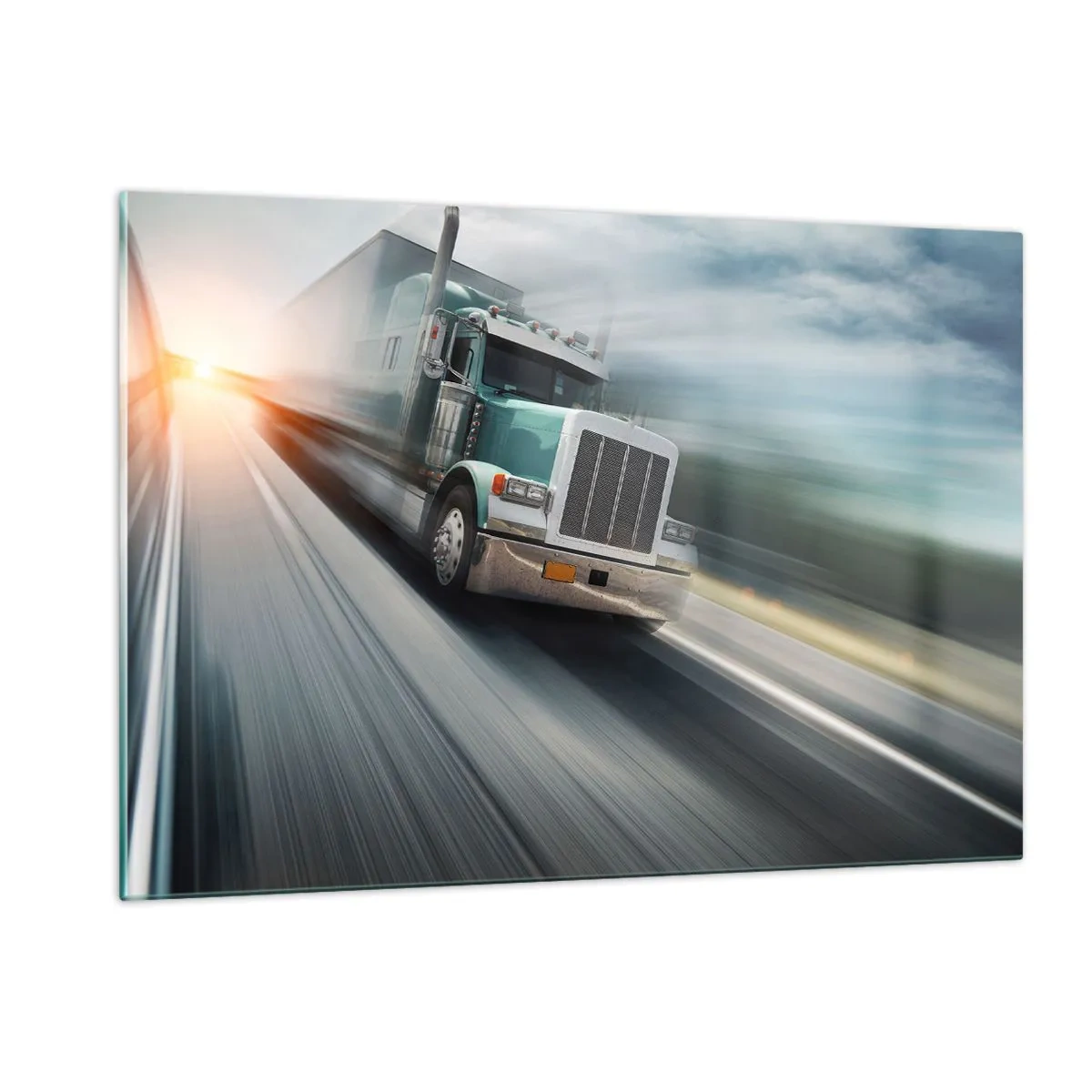 Obraz na szkle - Ciężarówka na autostradzie o zachodzie słońca - 120x80cm - Amerykański olbrzym w pędzie - Nowoczesna dekoracja ścienna do salonu, kuchni i sypialni ARTTOR