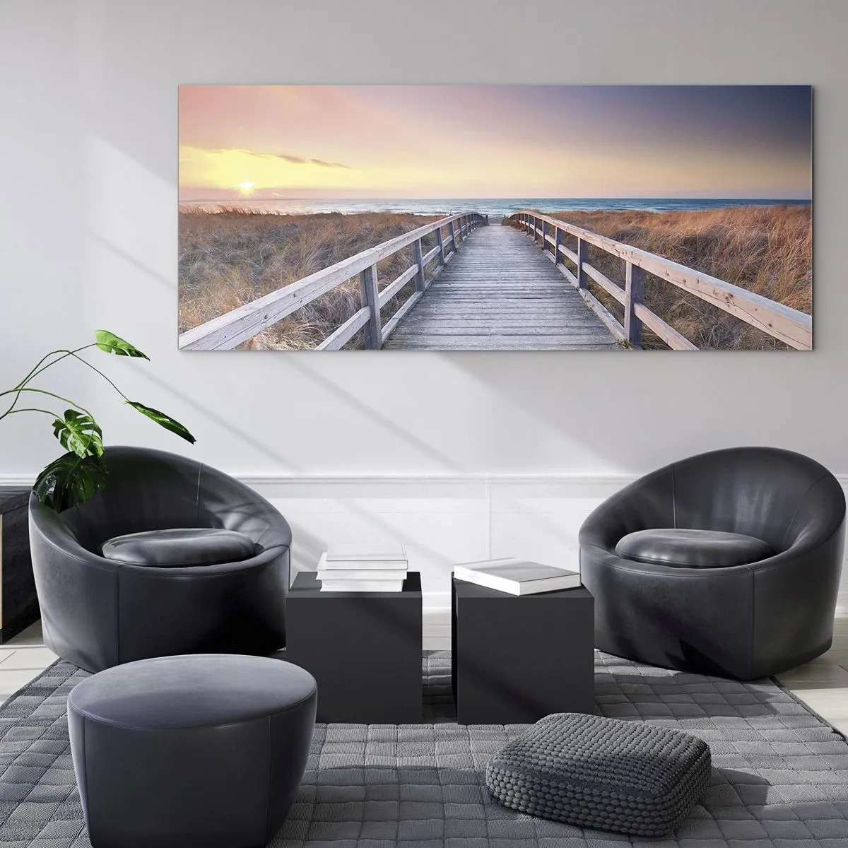 Obraz na szkle - Drewniany pomost prowadzący na plażę o zachodzie słońca z pastelowymi barwami nieba - 120x50cm - Bałtycka wieczorna zorza - Nowoczesna dekoracja ścienna do salonu i sypialni ARTTOR