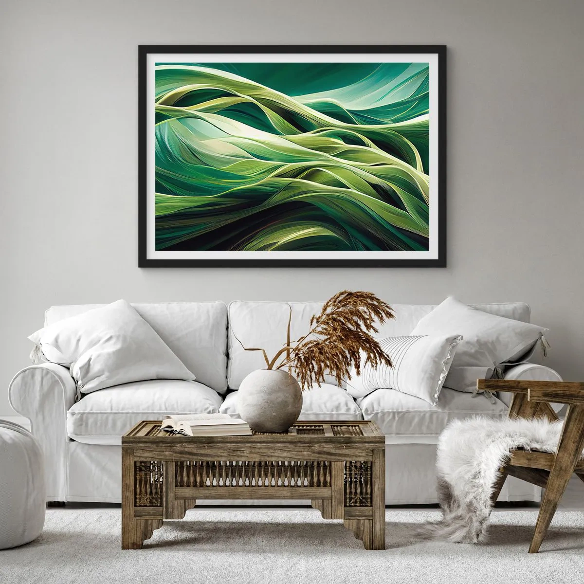 Plakat w czarnej ramie - Dynamiczne linie w odcieniach zieleni - 70x50cm - Abstrakcyjna gra w zielone - Nowoczesna dekoracja ścienna do salonu i sypialni ARTTOR