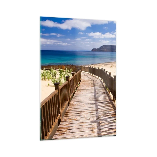 Obraz na szkle - Drewniana ścieżka prowadząca na plażę z widokiem na ocean - 80x120cm - Zabierz mnie na wyspy szczęśliwe - Nowoczesna dekoracja ścienna do salonu i sypialni ARTTOR