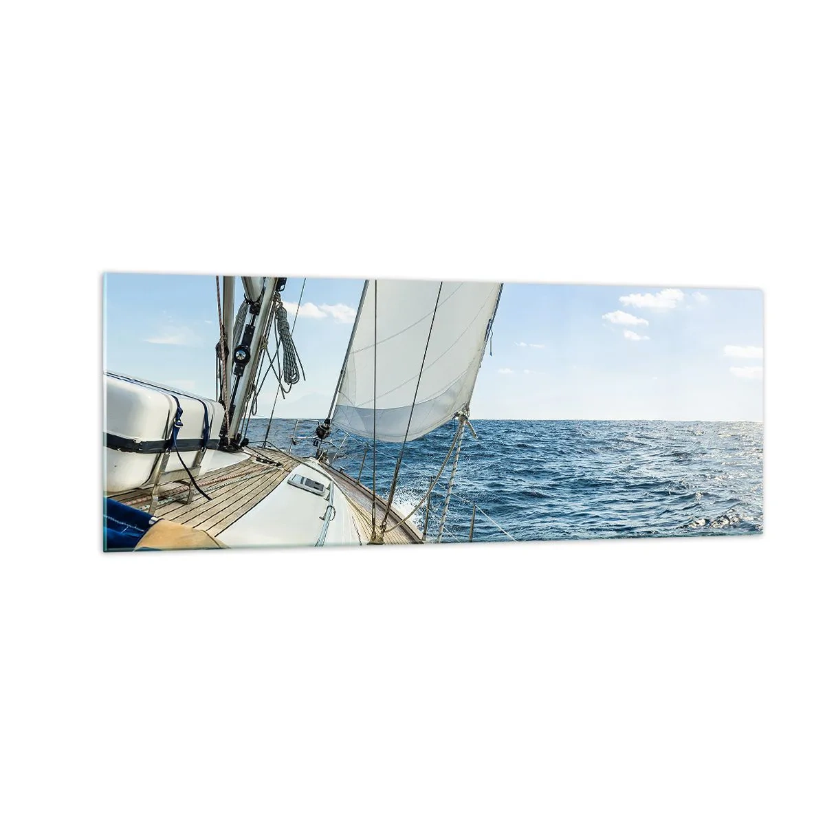 Obraz na szkle - Żaglówka na spokojnym morzu pod błękitnym niebem - 140x50cm - Ahoj, przygodo - Nowoczesna dekoracja ścienna do salonu i sypialni ARTTOR