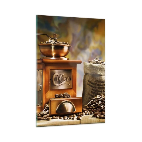 Obraz na szkle - Młynek do kawy z ziarnami i filiżanką na tle - 80x120cm - Chrzęst ziaren, terkot młynka - Nowoczesna dekoracja ścienna do salonu i sypialni ARTTOR