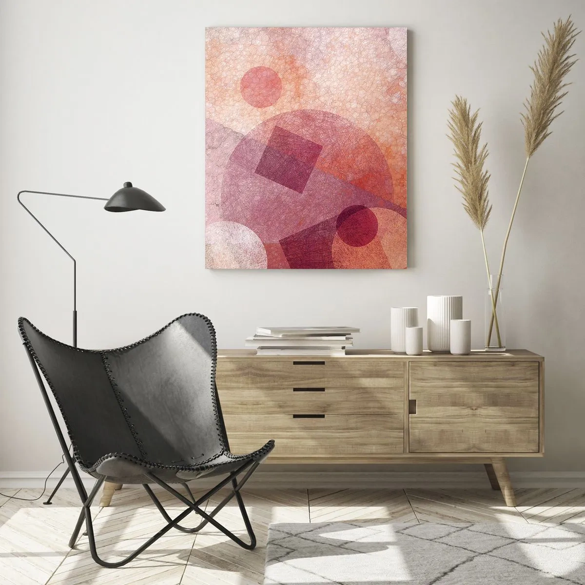 Obraz na szkle - Abstrakcyjna kompozycja geometryczna w odcieniach różu i pomarańczu - 50x70cm - Przekształcenia geometryczne w różu - Nowoczesna dekoracja ścienna do salonu, kuchni i sypialni ARTTOR