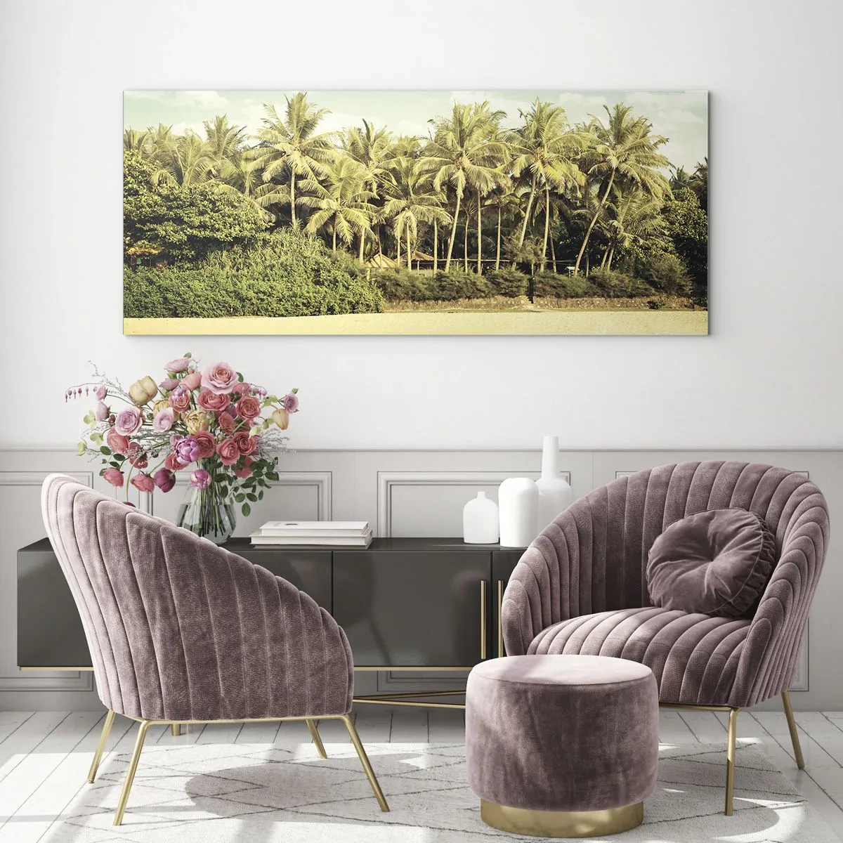 Obraz na szkle - Tropikalna plaża z palmami i turkusowym morzem - 120x50cm - A może tutaj? - Nowoczesna dekoracja ścienna do salonu i sypialni ARTTOR