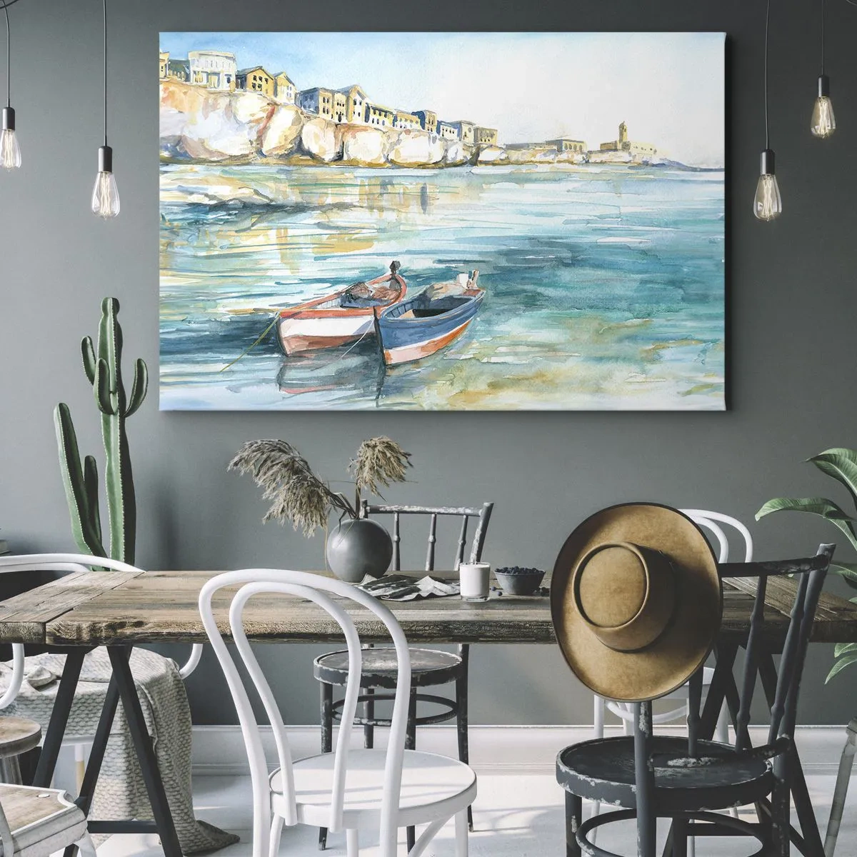 Obraz na płótnie - Malowniczy krajobraz nadmorski z łodziami na wodzie - 70x50cm - Pejzaż w lazurze - Nowoczesna dekoracja ścienna do salonu i sypialni ARTTOR