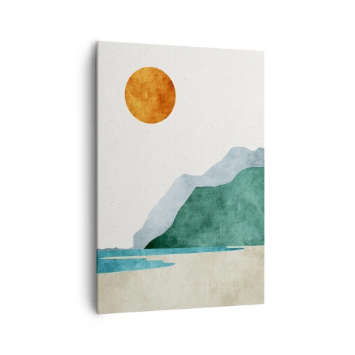 Obraz na płótnie - Minimalistyczny krajobraz górski z plażą i słońcem - 70x100cm - Pejzaż jak należy - Nowoczesna dekoracja ścienna do salonu i sypialni ARTTOR