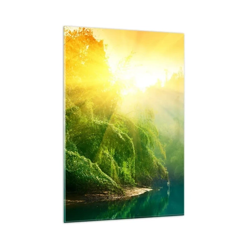 Obraz na szkle - Zielony las nad rzeką oświetlony promieniami wschodzącego słońca - 80x120cm - Utonąć w słońcu i w cieniu - Nowoczesna dekoracja ścienna do salonu i sypialni ARTTOR
