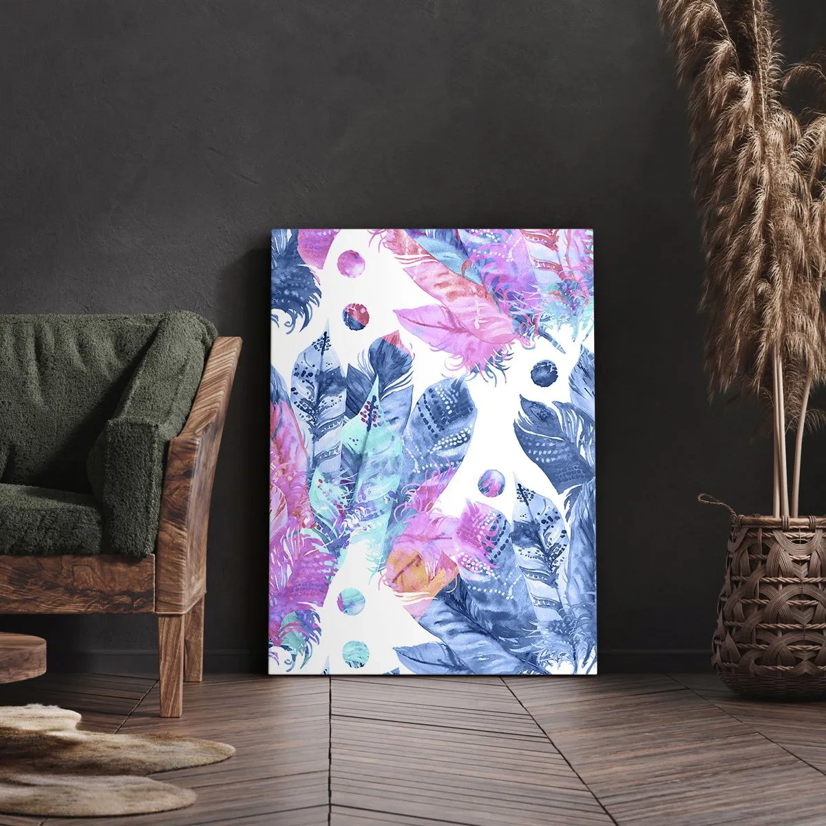 Obraz na płótnie - Kolorowe pióra w stylu akwarelowym - 50x70cm - Pióropusze w różu i błękicie - Nowoczesna dekoracja ścienna do salonu, kuchni i sypialni ARTTOR