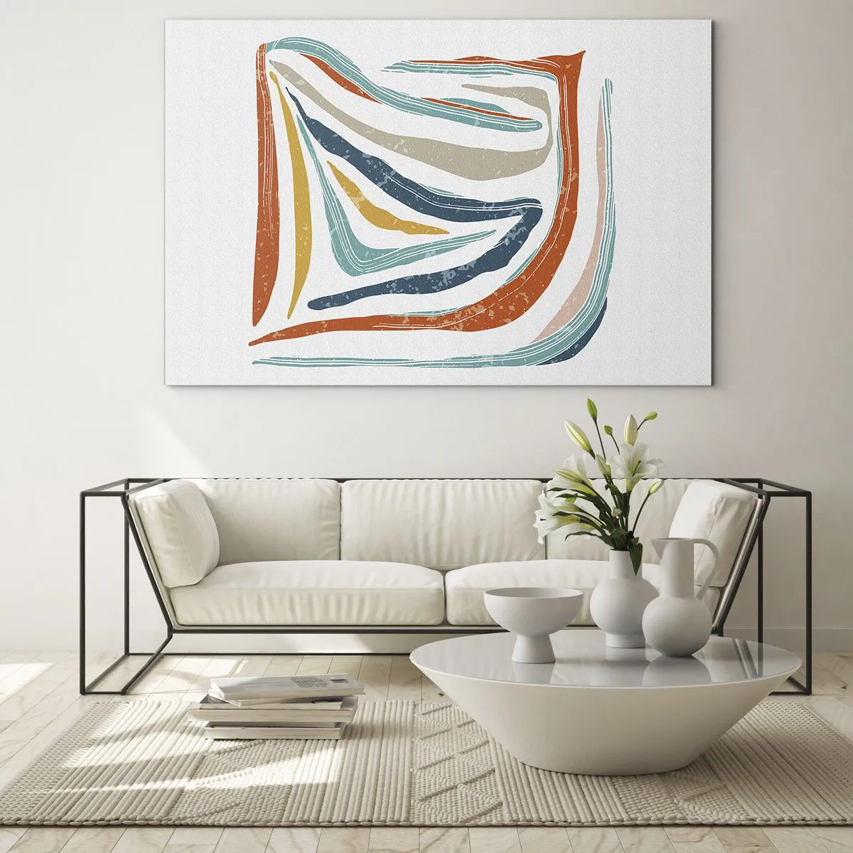 Obraz na szkle - Kolorowe pasma tworzące dynamiczną abstrakcję na białym tle - 70x50cm - Abstrakcja przyjaźnie uśmiechnięta - Nowoczesna dekoracja ścienna do salonu i sypialni ARTTOR