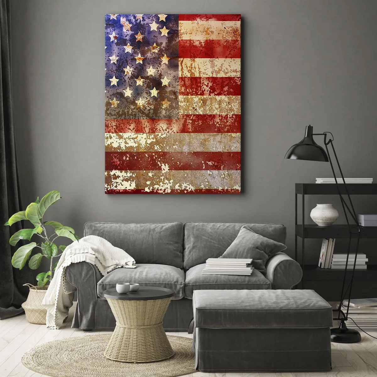 Obraz na płótnie - Zardzewiała wersja amerykańskiej flagi, symbolizująca upływ czasu - 50x70cm - Chwała nie przemija - Nowoczesna dekoracja ścienna do salonu, kuchni i sypialni ARTTOR