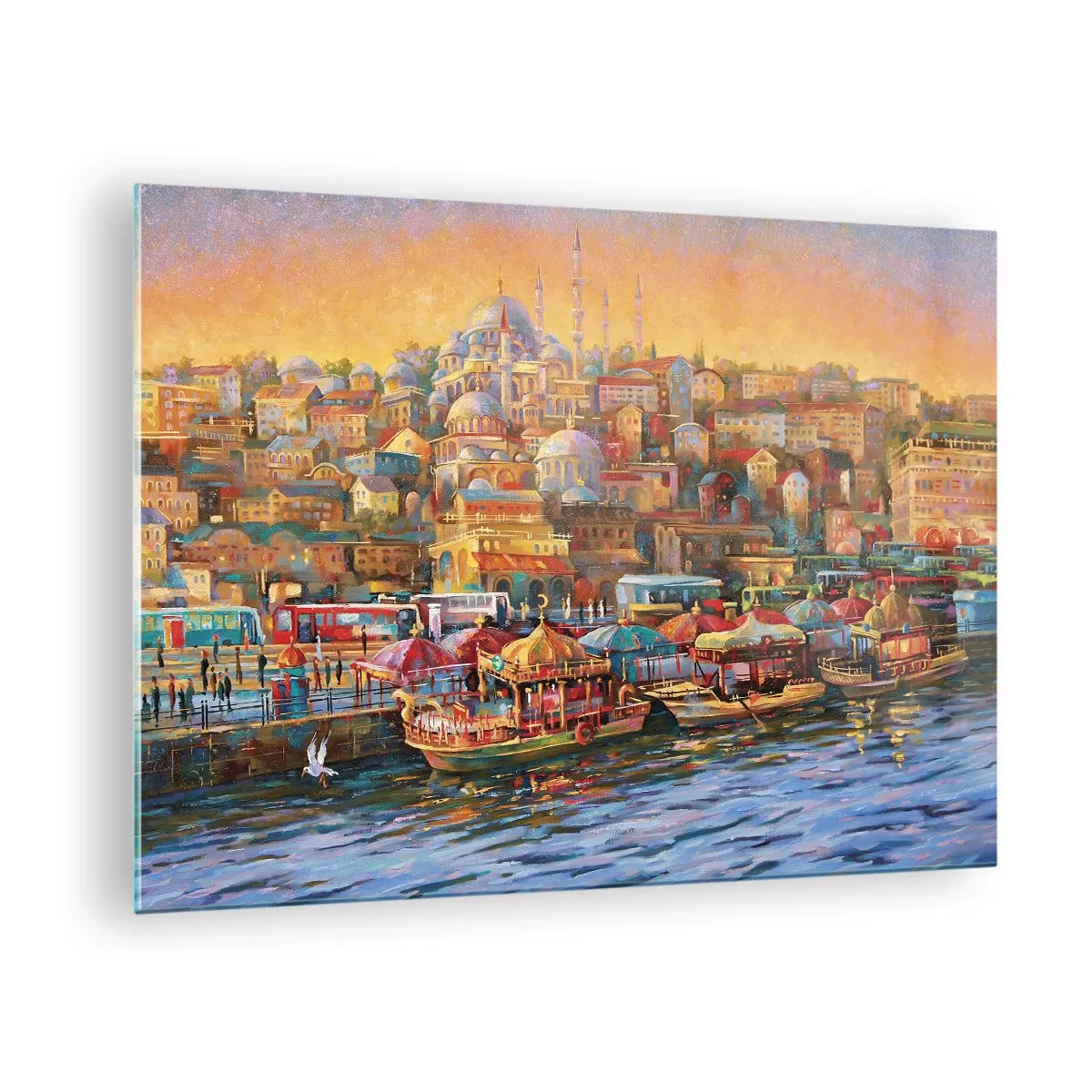 Obraz na szkle - Kolorowy port z łodziami i panoramą miasta o zachodzie słońca - 70x50cm - Stambulska opowieść - Nowoczesna dekoracja ścienna do salonu i sypialni ARTTOR