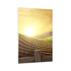 Obraz na szkle - Wiejski krajobraz z czerwoną stodołą, traktorem i wschodem słońca - 80x120cm - Farma jak z bajki - Nowoczesna dekoracja ścienna do salonu i sypialni ARTTOR