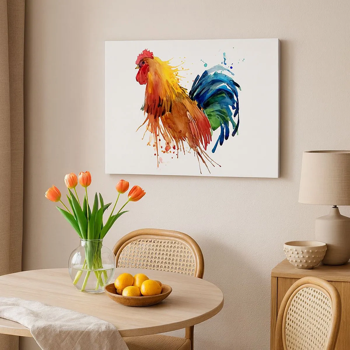 Obraz na płótnie - Kolorowy kogut w akwarelowym stylu - 70x50cm - Królewska szata, królewska duma - Nowoczesna dekoracja ścienna do salonu i sypialni ARTTOR