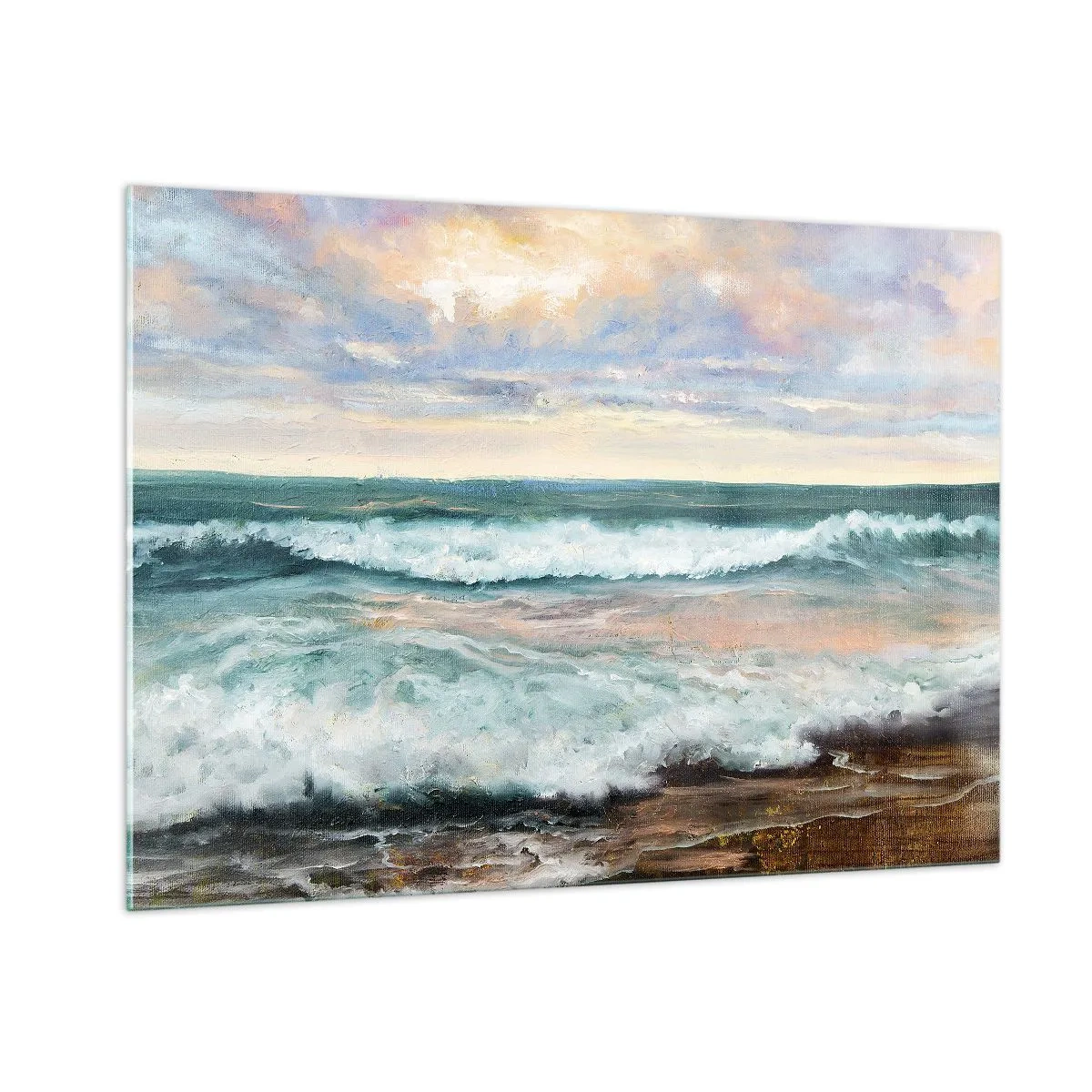 Obraz na szkle - Obraz malarski przedstawiający fale uderzające o brzeg - 100x70cm - Tutaj wygładzisz duszę - Nowoczesna dekoracja ścienna do salonu, kuchni i sypialni ARTTOR
