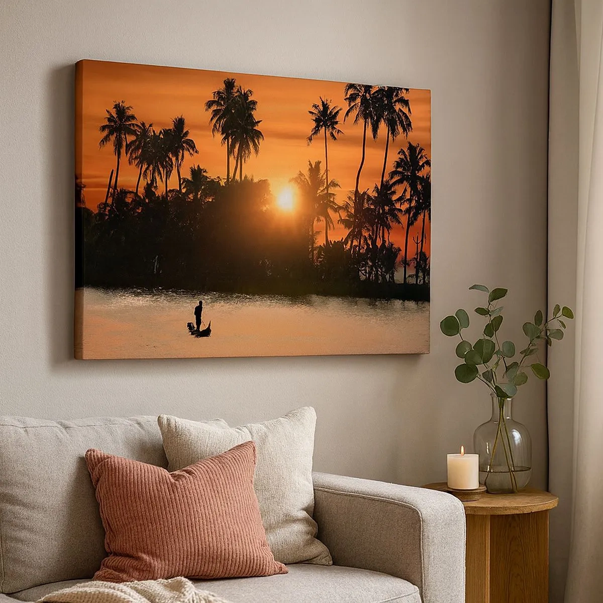 Obraz na płótnie - Zachód słońca nad palmami i spokojnym jeziorem z łódką - 70x50cm - Czas na odpoczynek - Nowoczesna dekoracja ścienna do salonu i sypialni ARTTOR