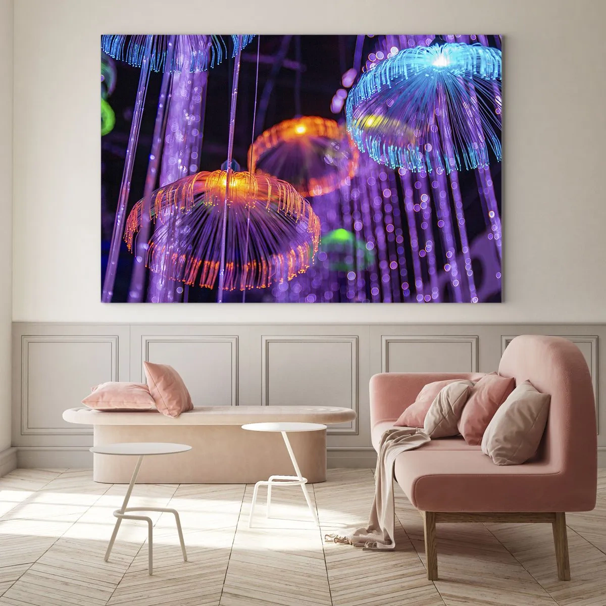 Obraz na szkle - Kolorowe świetlne struktury przypominające meduzy - 70x50cm - Świetlna fontanna - Nowoczesna dekoracja ścienna do salonu i sypialni ARTTOR