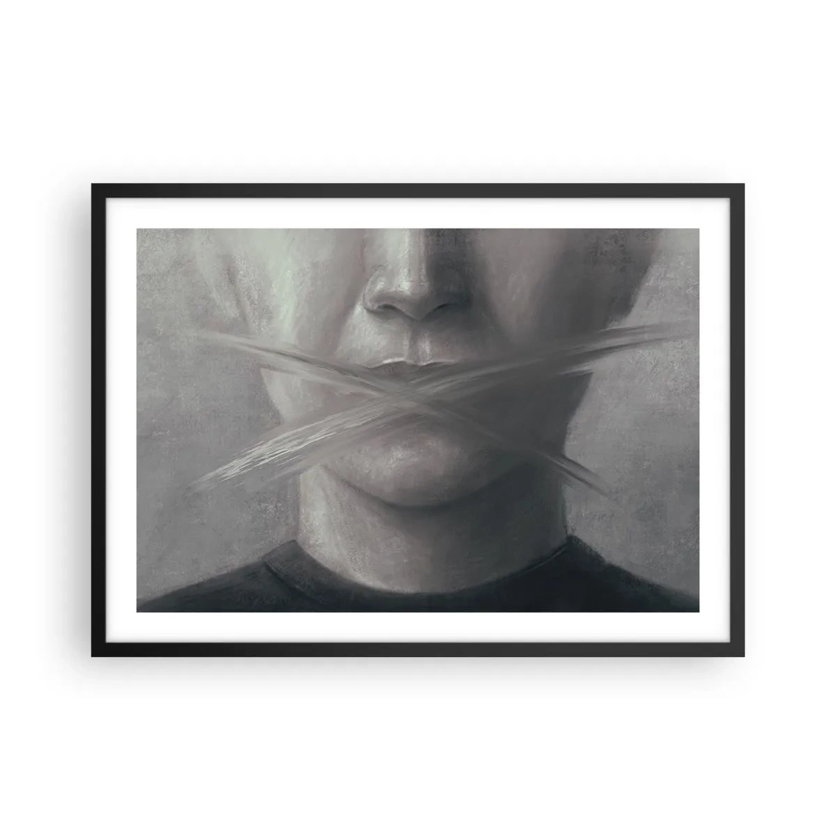 Plakat w czarnej ramie - Symboliczny portret z zamazanymi ustami w szarej tonacji - 70x50cm - Ani słowa - Nowoczesna dekoracja ścienna do salonu i sypialni ARTTOR