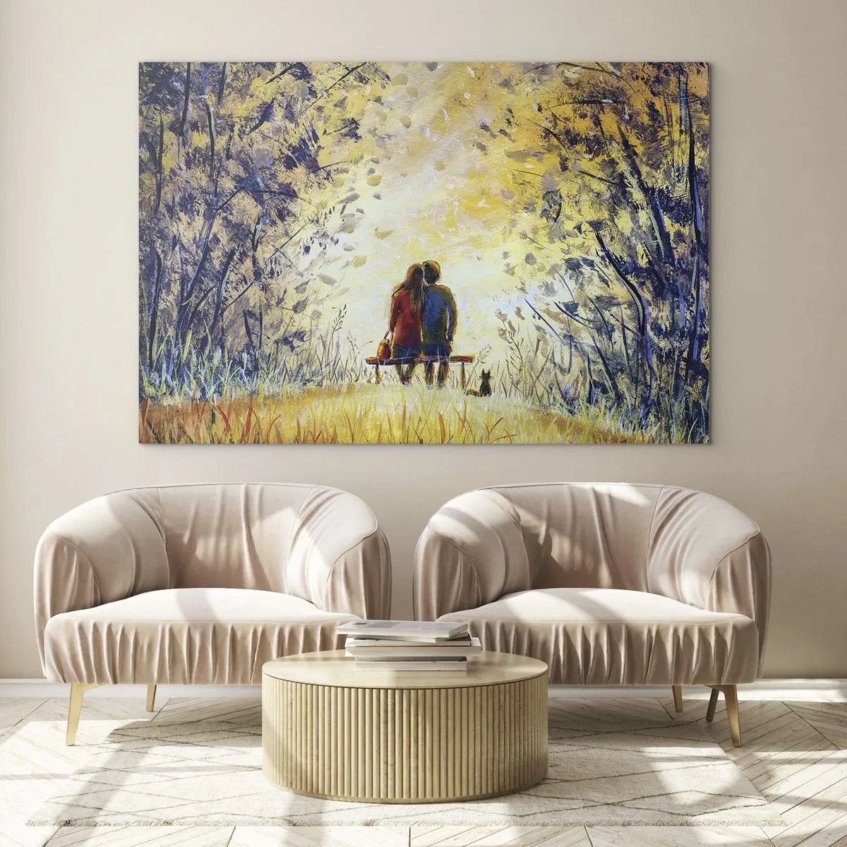 Obraz na szkle - Para na ławce w magicznej chwili - 70x50cm - Magiczna chwila - Nowoczesna dekoracja ścienna do salonu i sypialni ARTTOR
