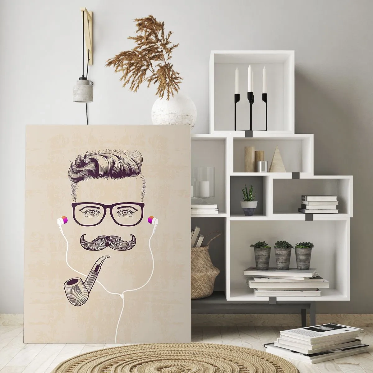 Obraz na szkle - Rysunek stylizowanego mężczyzny z okularami, wąsem i fajką - 50x70cm - Prawdziwy mężczyzna? - Nowoczesna dekoracja ścienna do salonu, kuchni i sypialni ARTTOR