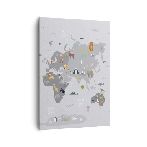 Obraz na płótnie - Mapa świata z ilustracjami zwierząt charakterystycznych dla różnych regionów - 50x70cm - Powiedz mi, skąd jesteś… - Nowoczesna dekoracja ścienna do salonu, kuchni i sypialni ARTTOR