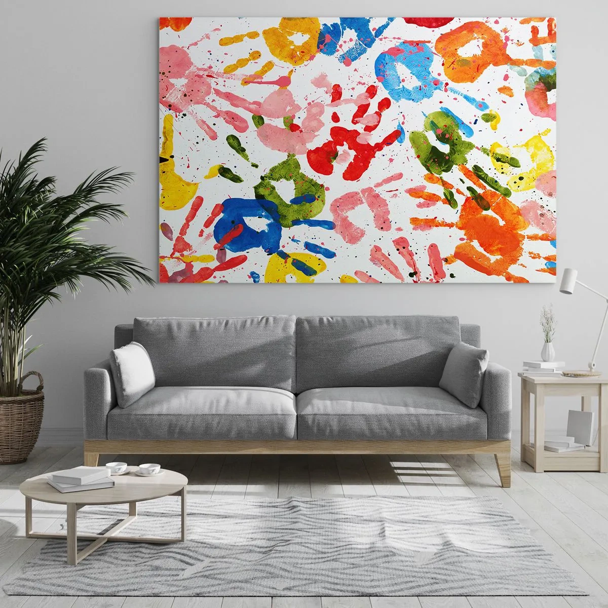 Obraz na szkle - Kolorowe odciski dłoni na białym tle - 120x80cm - Idź po śladach - Nowoczesna dekoracja ścienna do salonu, kuchni i sypialni ARTTOR