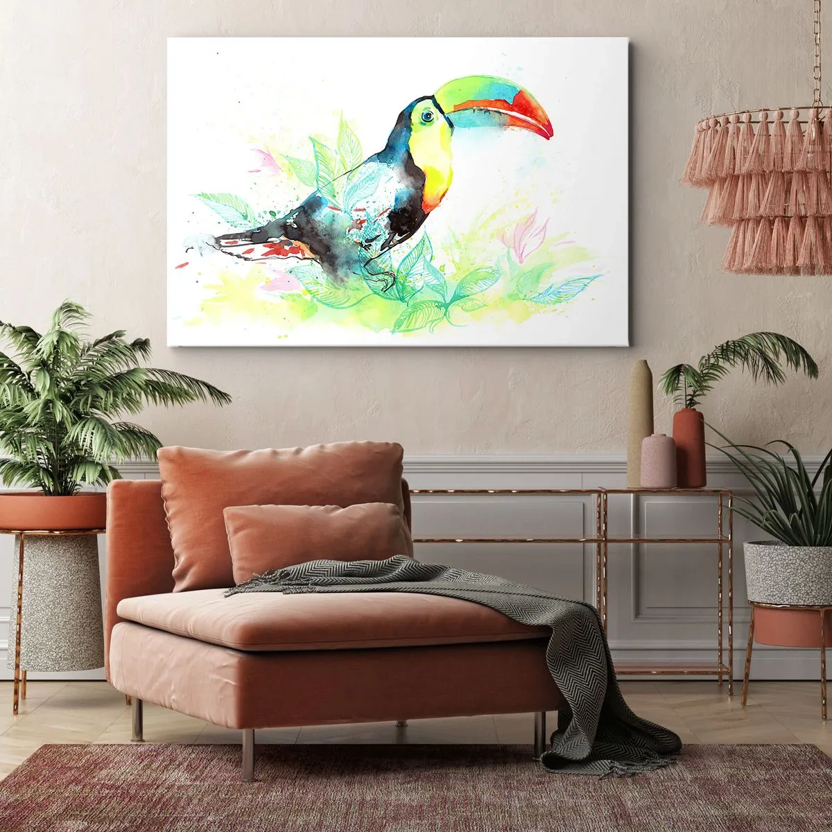 Obraz na płótnie - Akwarelowa ilustracja tukana na tropikalnym tle - 70x50cm - Barwny jak Ameryka Południowa - Nowoczesna dekoracja ścienna do salonu i sypialni ARTTOR
