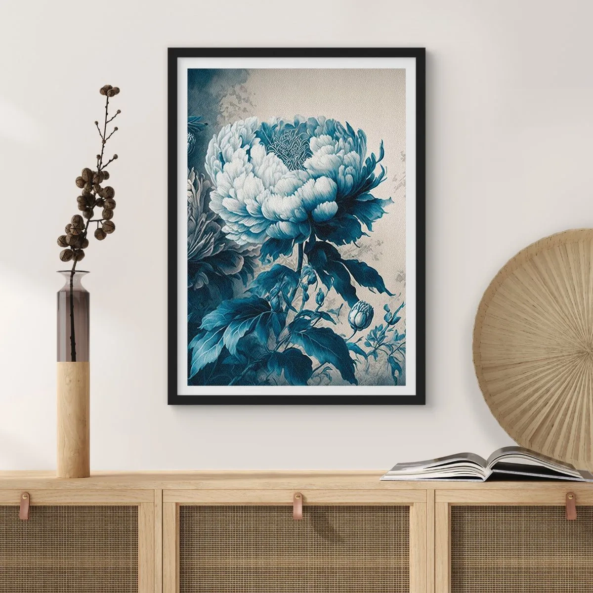 Plakat w czarnej ramie - Delikatny niebieski kwiat w stylu vintage - 50x70cm - Dobrana para - Nowoczesna dekoracja ścienna do salonu i sypialni ARTTOR
