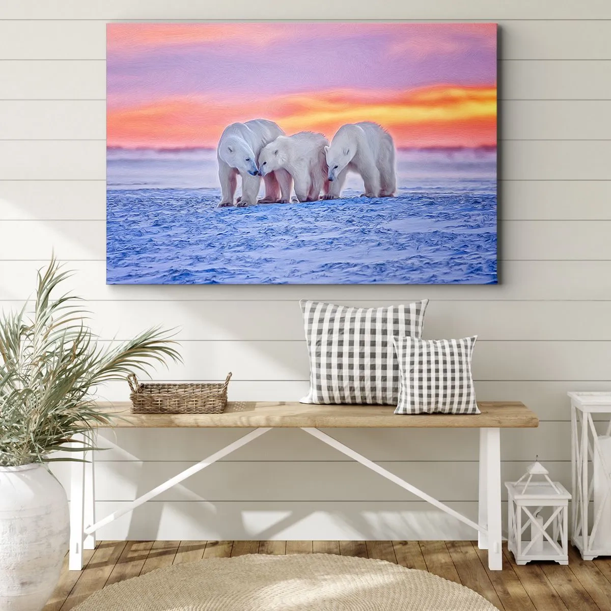 Obraz na płótnie - Trzy niedźwiedzie polarne na tle arktycznego zachodu słońca - 100x70cm - Wystarczy rodzinne ciepło - Nowoczesna dekoracja ścienna do salonu, kuchni i sypialni ARTTOR