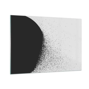Obraz na szkle - Abstrakcja czarnej masy rozpadającej się na białym tle - 100x70cm - Ruch cząsteczek - Nowoczesna dekoracja ścienna do salonu, kuchni i sypialni ARTTOR