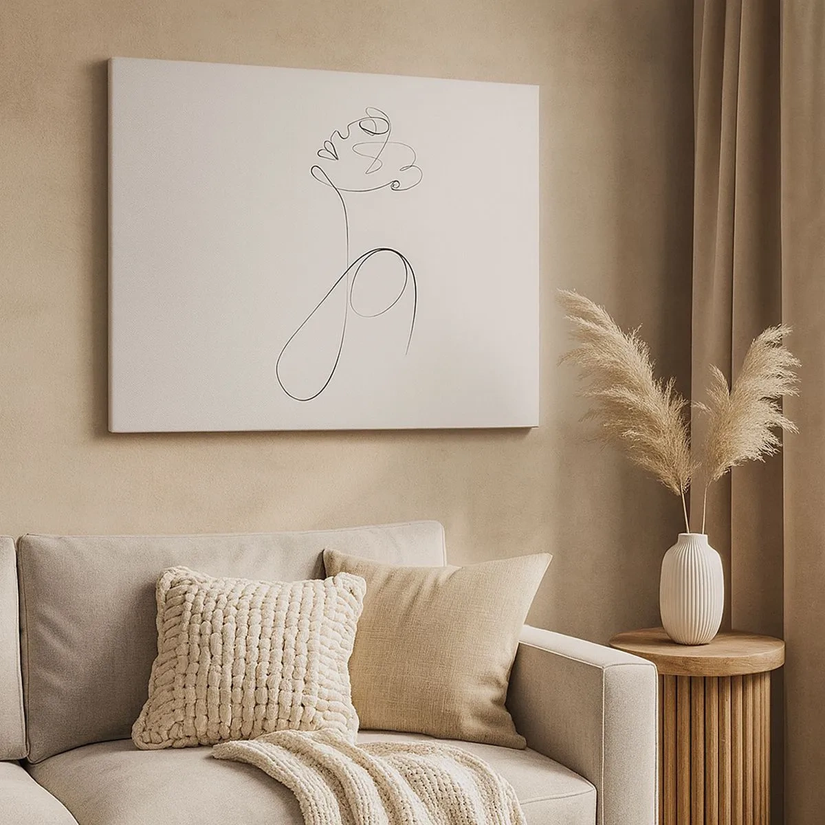 Obraz na płótnie - Minimalistyczny szkic twarzy w stylu line art na białym tle - 70x50cm - Zapętlona w marzeniach - Nowoczesna dekoracja ścienna do salonu i sypialni ARTTOR