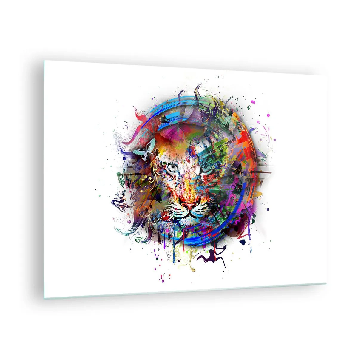 Obraz na szkle - Kolorowy portret lwa w artystycznym stylu z abstrakcyjnymi akcentami - 70x50cm - Czai się za tęczową zasłoną - Nowoczesna dekoracja ścienna do salonu i sypialni ARTTOR