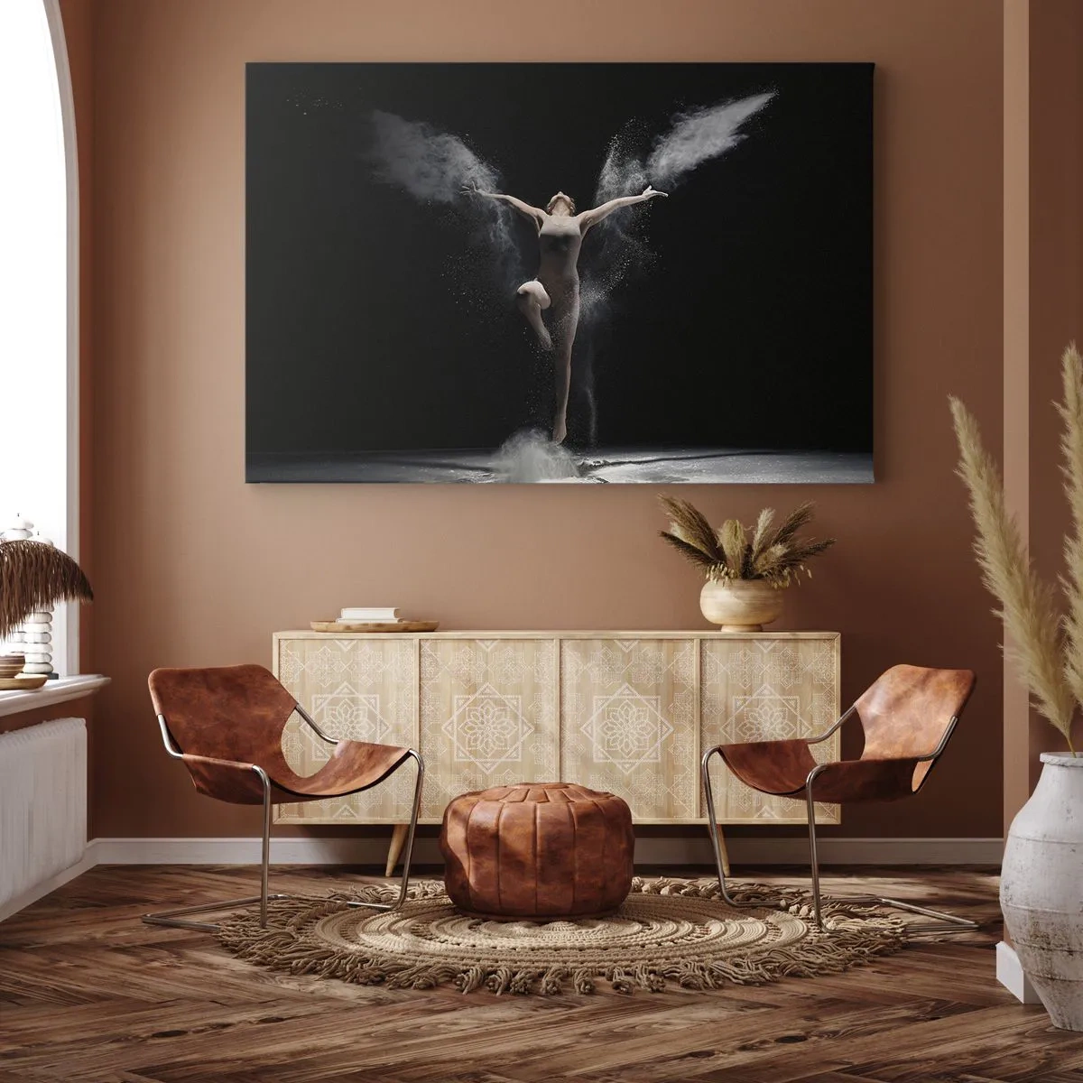 Obraz na płótnie - Tancerka w ruchu z efektownym pyłem na czarnym tle - 120x80cm - Elfy istnieją - Nowoczesna dekoracja ścienna do salonu, kuchni i sypialni ARTTOR