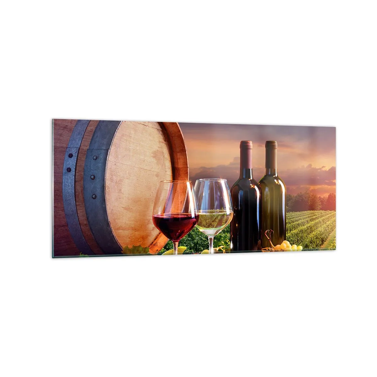 Obraz na szkle - Wino, kieliszki i beczka w malowniczym krajobrazie - 120x50cm - Tu życie ma smak - Nowoczesna dekoracja ścienna do salonu i sypialni ARTTOR