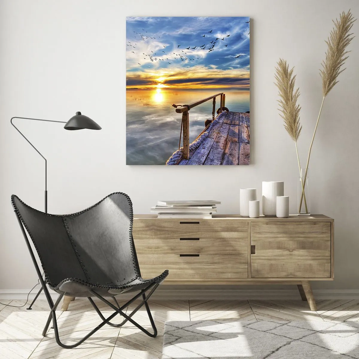 Obraz na szkle - Drewniany pomost nad jeziorem o zachodzie słońca - 70x100cm - Wiatr idzie na spoczynek - Nowoczesna dekoracja ścienna do salonu i sypialni ARTTOR