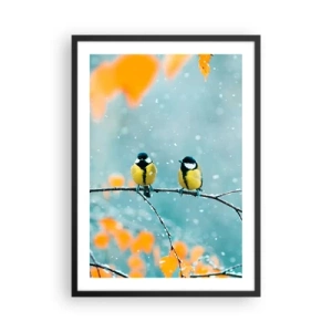 Plakat w czarnej ramie - Dwie sikorki siedzące na gałęzi w zimowej scenerii - 50x70cm - Ptasie plotki - Nowoczesna dekoracja ścienna do salonu i sypialni ARTTOR