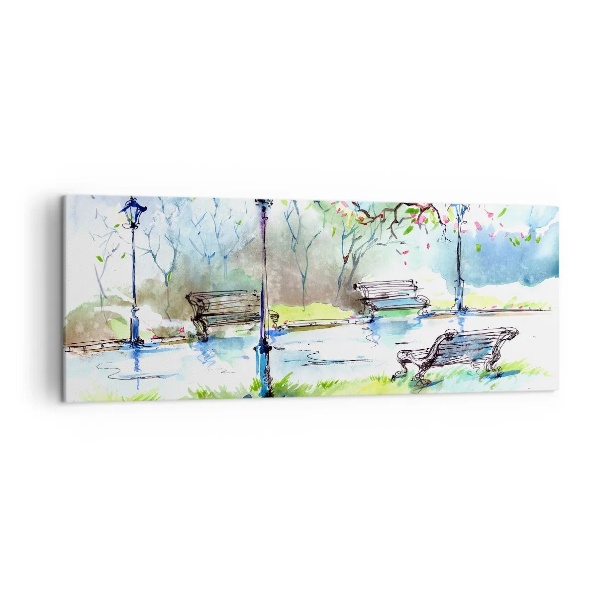 Obraz na płótnie - Akwarelowa scena parku z ławkami i lampami - 140x50cm - Czar parkowej ciszy - Nowoczesna dekoracja ścienna do salonu i sypialni ARTTOR