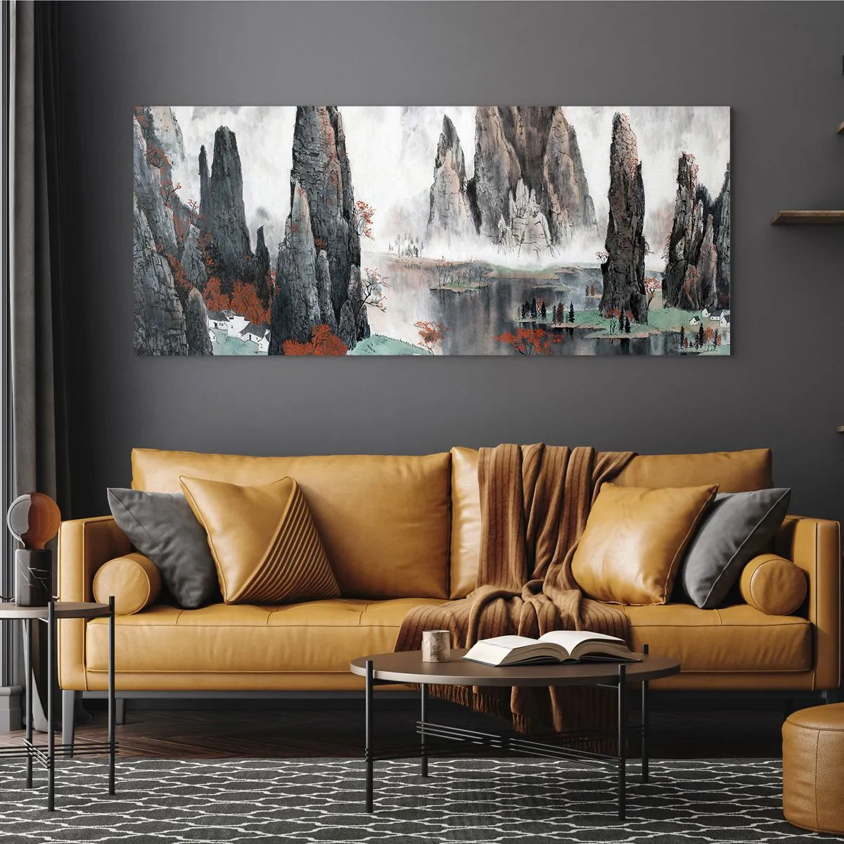 Obraz na szkle - Malownicze skały i drzewa w mglistym krajobrazie chińskim - 160x50cm - Potężni opiekunowie - Nowoczesna dekoracja ścienna do salonu i sypialni ARTTOR