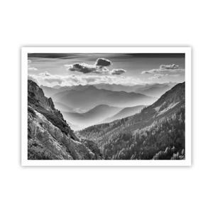 Plakat - Czarno-biały krajobraz górski z chmurami nad szczytami - 100x70cm - Aż po horyzont - Nowoczesna dekoracja ścienna do salonu i sypialni ARTTOR