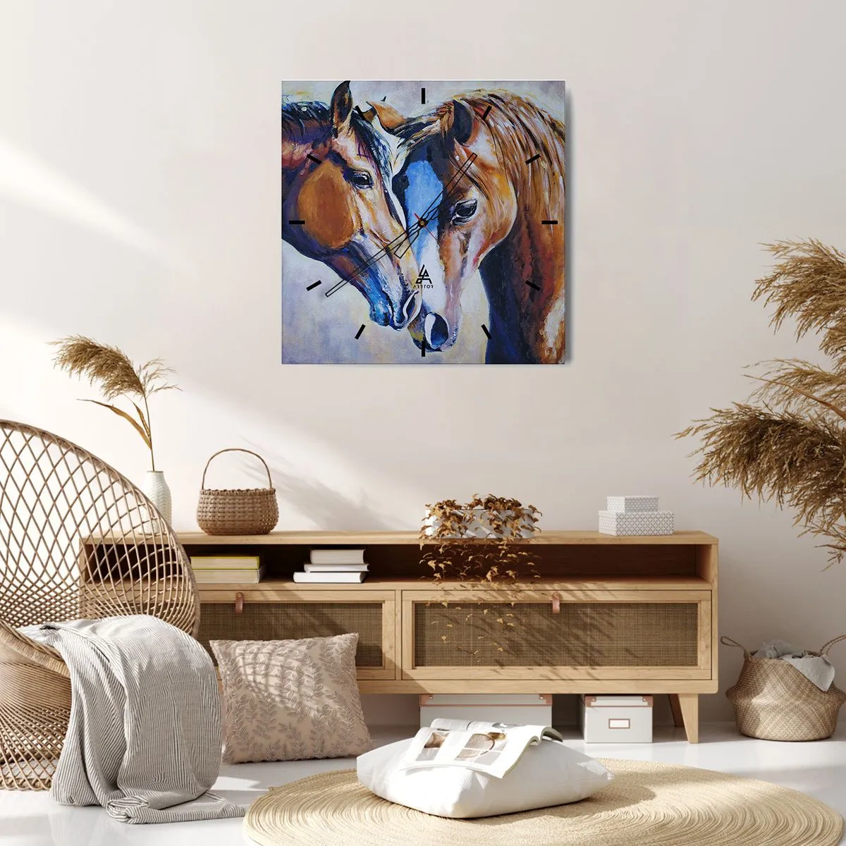 Zegar ścienny - Malarskie przedstawienie dwóch koni w przyjacielskiej scenerii - 30x30cm - Czy to jest przyjaźń? czy to jest kochanie? - Nowoczesna dekoracja ścienna do salonu i sypialni ARTTOR