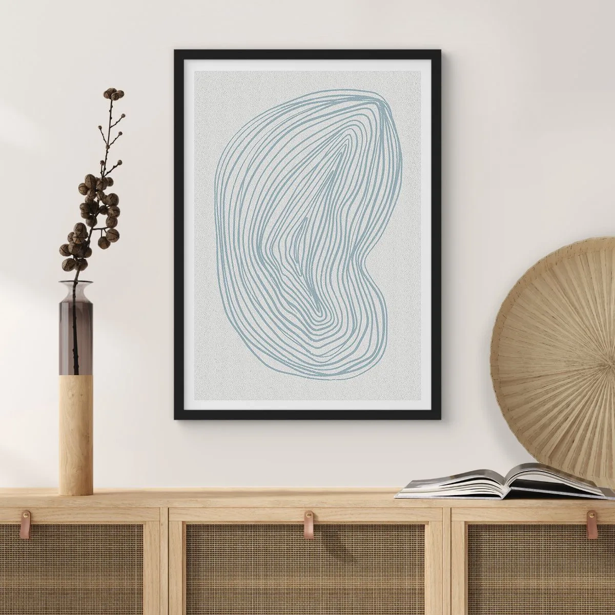 Plakat w czarnej ramie - Minimalistyczna abstrakcja z liniowym wzorem w odcieniach niebieskiego - 50x70cm - Uśmiech kropli - Nowoczesna dekoracja ścienna do salonu i sypialni ARTTOR