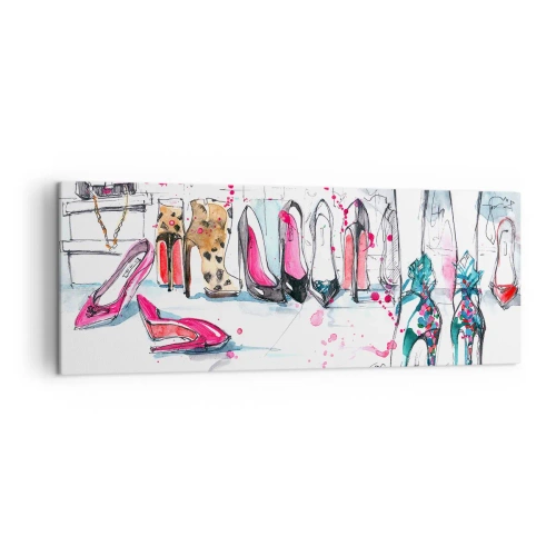 Obraz na płótnie - Artystyczna grafika z butami na wysokim obcasie i akcesoriami - 140x50cm - Sezamie, otwórz się - Nowoczesna dekoracja ścienna do salonu i sypialni ARTTOR