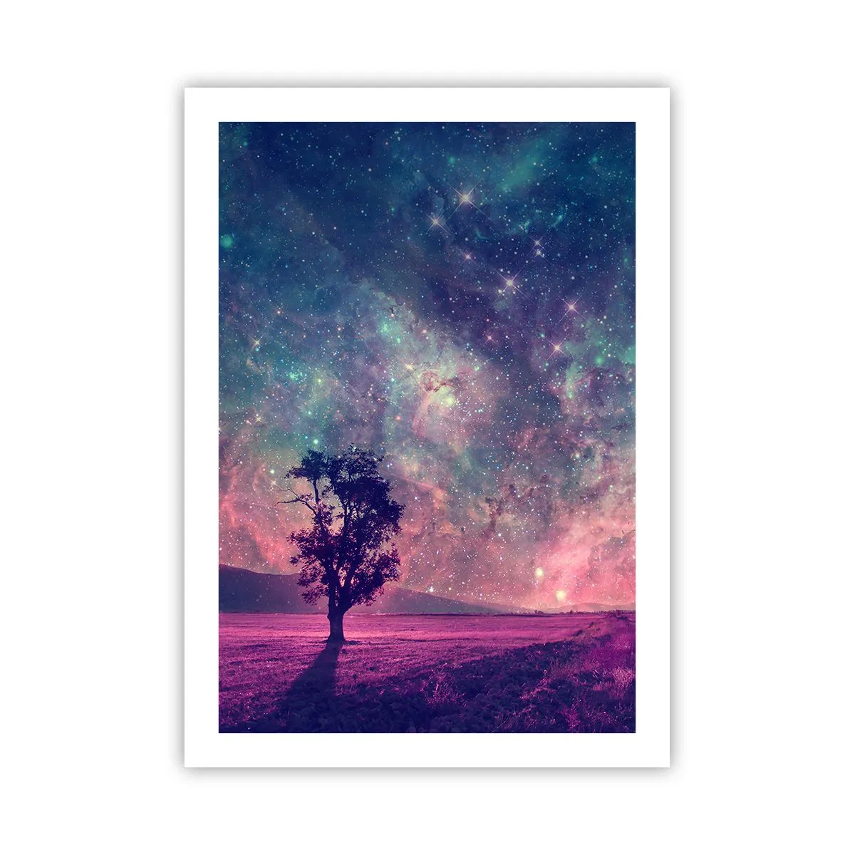 Plakat - Drzewo na tle rozgwieżdżonego nieba w kolorowych odcieniach - 50x70cm - Pod magicznym niebem - Nowoczesna dekoracja ścienna do salonu, kuchni i sypialni ARTTOR