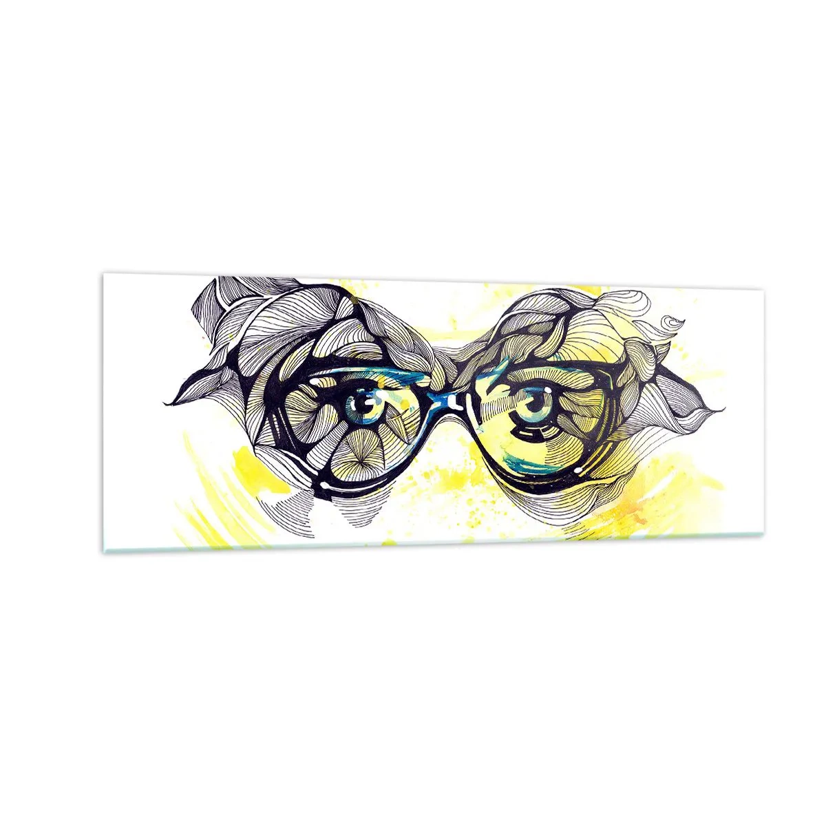 Obraz na szkle - Artystyczna grafika okularów z wyrazistymi oczami - 140x50cm - Przez błękitne okulary - Nowoczesna dekoracja ścienna do salonu i sypialni ARTTOR