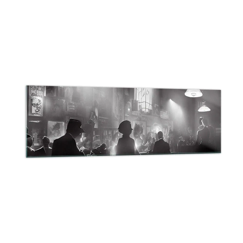 Obraz na szkle - Czarno-biała scena jazzowego klubu nocnego - 160x50cm - W jazzowym klimacie - Nowoczesna dekoracja ścienna do salonu i sypialni ARTTOR